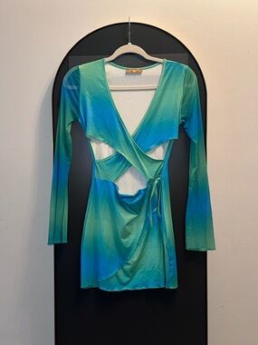 Gradient Blue-Green Wrap Cutout Mini Dress
